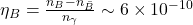 \eta_B = \frac{n_B - n_{\bar{B}}}{n_\gamma} \sim 6 \times 10^{-10}
